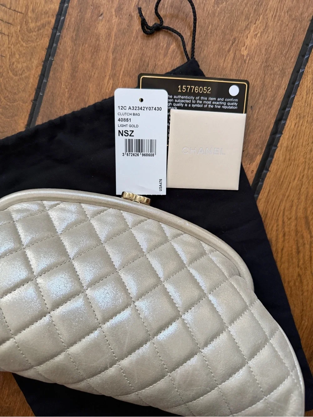 Chanel 12C Iridescent Light Gold Quilted Calfskin Timeless Kisslock CC Clutch
